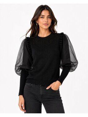 ANTHROPOLOGIE sweater black  XL ribbed puff sleeve statement dressy casual